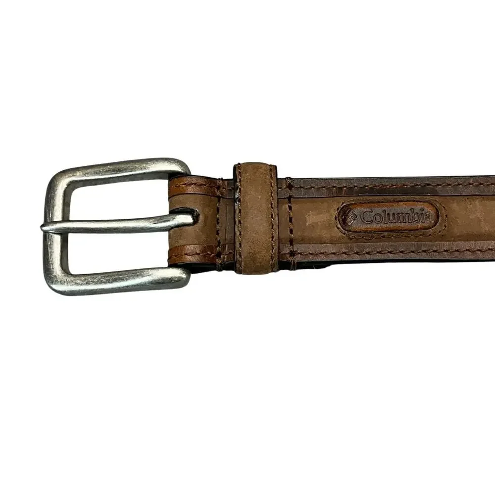Columbia Western Brown Leather Pewter Buckle Belt Men 36”